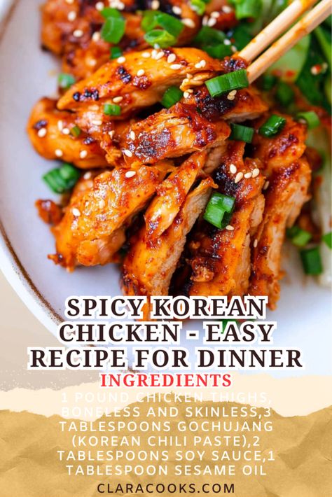 Spicy Korean Chicken - Easy Recipe for Dinner Korean Sauce For Chicken, Korean Hot Chicken, Bulgogi Recipe Chicken, Cheap Korean Recipes, Ssamjang Recipe Food, Korean Recipes Chicken, Korean Gochujang Recipes, Gojuchang Chicken, Korean Recipes Easy