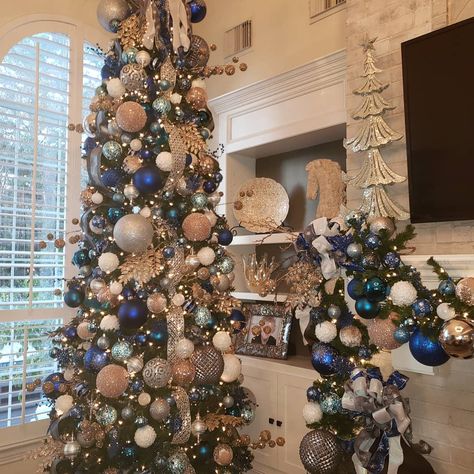 Navy And Rose Gold Christmas Tree, Blue And Rose Gold Christmas Tree, Rose Gold And Blue Christmas Tree, Blue And Pink Christmas Decor, Michelle Harper, Blue Silver Christmas Tree Target, White Cheistmas Tree Wirh Silver Blue And White Or Amenta, Blue And Ailver Christmas Tree, Christmas Tree With Blue And Gold Irnaments