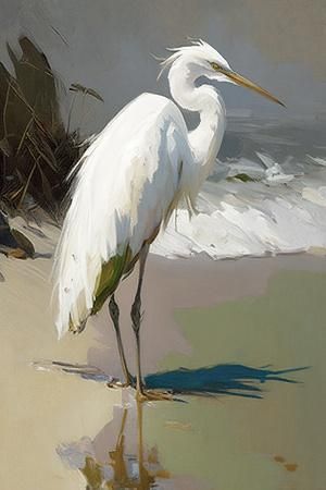 'White Egret on the beach' Art Print - Vivienne Dupont | Art.com Beach Art Prints, Heron Art, Beach Art Print, White Egret, Bird Paintings, Posters Wall Art, Herons, Bird Art Print, Posters Wall