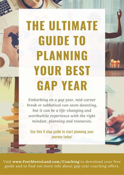 Embarking on a gap year, mid-career break or sabbatical can seem daunting, but it can be a life-changing and worthwhile experience with the right coaching, mindset, planning and resources. Use this FREE 4 step guide to start planning your journey today!  This guide includes a gap year checklist, practical gap year plan and goal setting guidance. If you are interested in 1 on 1 gap year coaching, be sure to visit the website to express your interest using the contact form. Gap Year Plan, Med School Prep, Year Checklist, Career Break, Coaching Mindset, Year Planning, Gap Year Travel, Post Grad Life, Year Plan