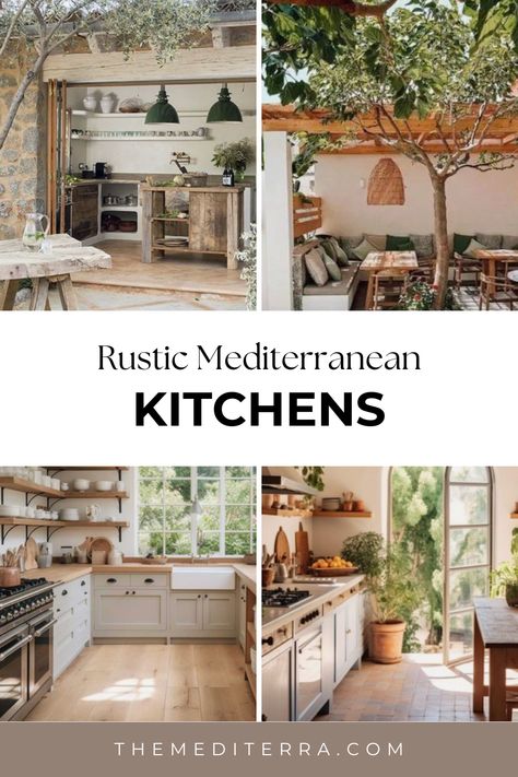 A Rustic Mediterranean kitchen draws inspiration from the warm, sun-drenched colors and textures of the Mediterranean region, blending them with rustic charm to create a welcoming and functional space. Mediterranean Cottage Kitchen, Mediterranean Kitchen Tile Backsplash, Mediterranean Countertops, Mediterranean Coffee Bar, French Mediterranean Kitchen, Italian Kitchen Backsplash, Mediterranean Interior Design Kitchen, Mediterranean Homes Interior Kitchen, Mediterrean Homes Interiors