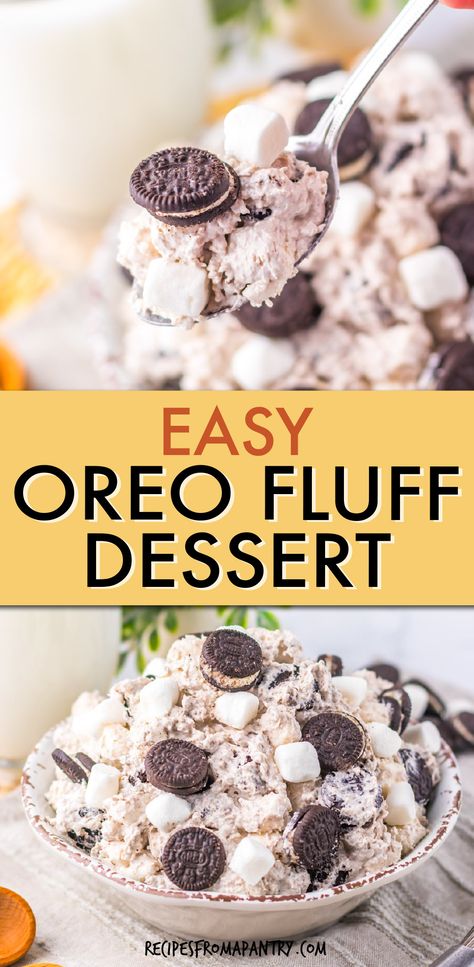 Easy to make with just a few ingredients, this Oreo Fluff recipe is the perfect make ahead no-bake dessert for serving at parties. Made with pantry staples like instant pudding mix, cream cheese, fluffy marshmallows, and Oreos, this Oreo Fluff desert is simple to prepare ahead of time and chill in the refrigerator till needed. An ideal make ahead dish for serving at picnics, barbecues, potlucks, 4th of July, Memorial Day, and summer parties. #oreofluff #dessert #recipe Things To Make With Marshmallow Fluff, Cheesecake Fluff Dessert, Marshmallow Fluff Recipes Desserts, Instant Pudding Desserts, Oreo Fluff Recipe, Oreo Fluff Dessert, Oreo Dessert Recipes Easy, Fall Winter Desserts, Egg Recipes For Lunch