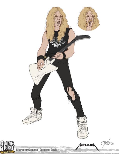 Guitar Hero Art, Metallica Costume, Rock Band Character Design, Metal Music Art, Metallica Lady Justice, Guitar Hero Characters, James Hetfield Drawing, Guitarist Drawing, Metallica Guitar