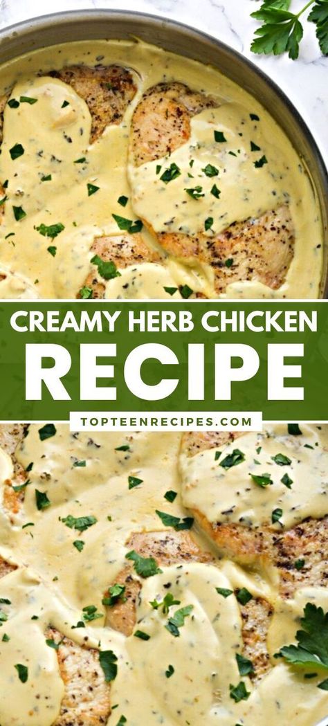 Creamy Herb Chicken is a simple and satisfying meal. This easy chicken recipe is made in one pan and ready in just 30 minutes! With a thick and creamy herb sauce that is loaded with flavorful herbs and spices. You will love the hint of lemon in this creamy herb chicken recipe. Serve it with mashed potatoes or pasta and vegetables. Creamy Herb Chicken, Pasta And Vegetables, Gourmet Burgers Recipes, Herb Chicken Recipes, Smothered Chicken Recipes, Alfredo Sauce Recipe Easy, Easy Chicken Recipe, With Mashed Potatoes, Alfredo Sauce Recipe