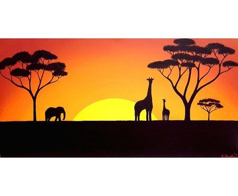 Sun Setting Over the African Plains original acrylic painting Africa Activities, African Plains, Picture Drawing, African Sunset, Afrique Art, Paint Inspiration, Canvas Drawing, African Art Paintings, Sun Setting