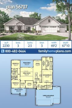 This is a new house plan by one of our most popular home designers. With 2230 sq ft of heated living space this one-story Texas ranch will likely join the ranks of most popular floor plans. A split bedroom layout offers privacy for the master suite. An office at the front of the house, walk-in pantry, informal dining and a large great room complete the first floor. The generous three car garage and covered porches are worth a look. Ranch 3 Bedroom House Plans, One Story Open Floor Plan Farmhouse, Reverse Story And A Half House Plans, 3 Bedroom Office Floor Plans, 4 Bedroom House Plans Open Floor Ranch 3 Car Garage, Split Ranch Floor Plans, Ranch Home Plans 2000 Sq Ft, 3 Bedroom 3 Bathroom House Plans, Single Story House Floor Plans 3 Bedroom With Garage