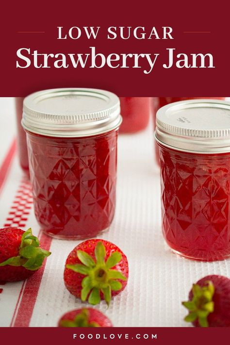 It's easier than you think to make your own low sugar strawberry jam! Preserve the beautiful, fresh flavor of spring and summer berries with this simple recipe. #strawberryjam #strawberries #homemadejam Low Sugar Strawberry Jam Recipe, Low Sugar Jam Recipes, Sugar Free Strawberry Jam, Jam Strawberry, Easy Strawberry Jam, Low Sugar Jam, Jam Jam, Strawberry Jam Recipe, Freezer Jam