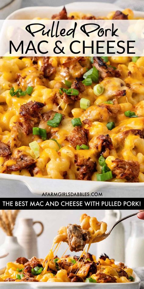 This easy Pulled Pork Mac and Cheese recipe is flavorful and decadent, with curly pasta, three kinds of cheese, and tender shredded pork in a homemade BBQ sauce. It's a fun macaroni dish - melty, gooey comfort food at its best! Mac N Cheese With Pulled Pork, Piggy Mac And Cheese, Leftover Pulled Pork Mac And Cheese, Pulled Pork And Pasta Recipes, Macaroni And Cheese Meals Dinners, Pulled Pork Macaroni And Cheese, Dinner Recipes With Pulled Pork, Pasta With Pulled Pork, Pulled Pork Dinner Recipes