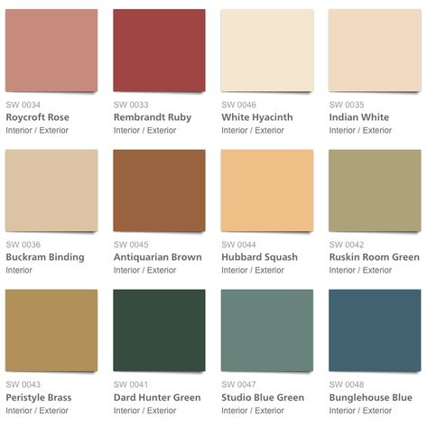 English Home Color Palette, Craftsman Paint Colors Interior Arts & Crafts, Arts And Crafts Style Color Palette, Craftsman Colour Palette, Craftsman House Color Palette, Sherwin Williams Craftsman Paint Colors, Williamsburg Color Palette, Early American Color Palette, Arts And Crafts Movement Color Palette