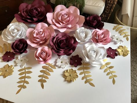 Burgundy/pink/pearl/gold paper flower backdrop Pink And Burgundy Birthday Decorations, Flower Backdrop Wedding, Paper Flowers Diy Easy, Tissue Paper Flowers Diy, Rose Gold Paper, Paper Flower Wall Decor, Paper Flower Backdrop, Paper Flower Template, Paper Flower Wall