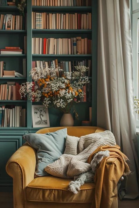 Reading Chair - Cozy Corner Ideas for Your Home Nook Reading Corner With Fireplace, Cosy Reading Area, Comfy Armchair Cozy Corner, Reading Corner With Shelves, Green Chair Aesthetic, Reading Chair Bedroom Cozy Corner, Cozy Reading Nook In Bedroom, Cozy Reading Corners In Small Spaces, Farmhouse Reading Corner