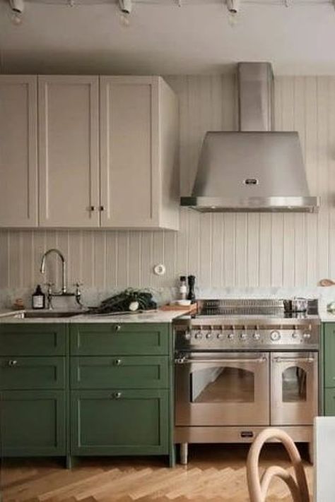 No Upper Cabinets, White Upper Cabinets, Shiplap Kitchen, Green Kitchen Designs, Lower Cabinets, Shiplap Backsplash, Sage Green Kitchen, Quirky Kitchen, White Shiplap Wall