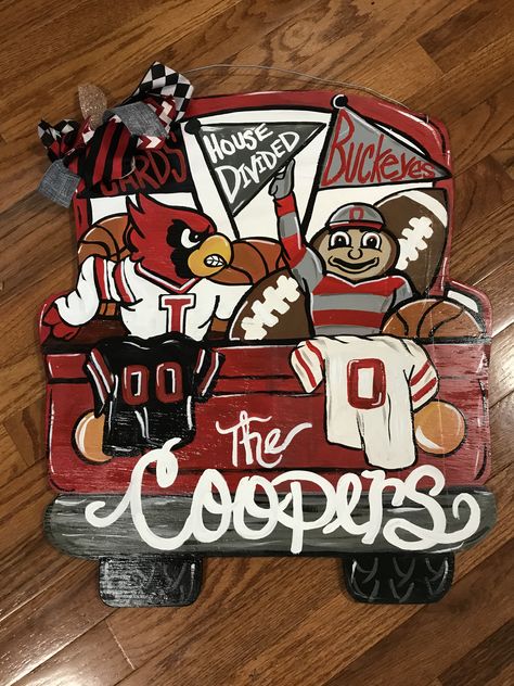 Football Truck Door Hanger, House Divided Door Hanger, Louisville Football, Truck Door Hanger, Football Door Hangers, Wooden Truck, Texas State University, House Divided, Louisville Cardinals