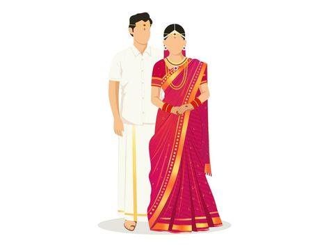 South Indian Caricature, South Indian Wedding Caricature, South Indian Wedding Illustration, South Indian Couple Illustration, Saree Caricature, South Indian Couple, South Indian Engagement, Couple Illustration Wedding, Bride And Groom Cartoon