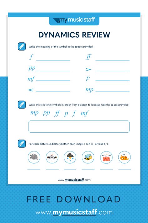 Music Dynamics Worksheet, Dynamics Worksheet, Dynamics In Music, Dynamics Music, Music Dynamics, Piano Songs For Beginners, Music Theory Lessons, Music Theory Worksheets, Elementary Music Class