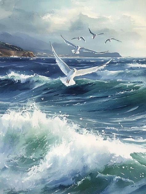 Seaside Serenity Canvas Art Print Inspired by Winslow Homer with Seagulls, Ocean Waves, Watercolor Home Decor by CustomCanvasCurators 🌊 Dive into coastal bliss with our gorgeous Seasidiary Serenity Canvas Art Print! 🎨 Embrace the tranquil beauty of nature with soothing blues, radiant whites, and the dynamic interplay of sea and sky. 🕊️ Let the elegant seagulls and swirling ocean waves transport you to a serene seaside escape. Perfect for adding a peaceful focal point to any room or bringing... Beachy Paintings, Waves Watercolor, Sky And Ocean, Watercolor Home, Seaside Paintings, Sea Artwork, Winslow Homer, Canvas Painting Designs, Ocean Print