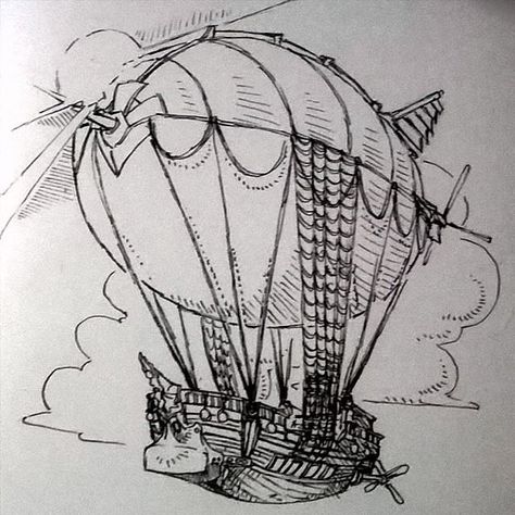 Cool #penandink #steampunk #airship #drawing by @victorkl28. I like this one because it looks like someone just took a #sailing #ship threw the mast away and connected a great big #balloon it. The boat totally looks like it could cut through some #waves and rigging #ropes look very well adapted to maintaining that #zeppelin ballon. Nice work Victor! Airship Drawing, Steampunk Vehicles, Steampunk Vehicle, Background Inspiration, Composition Drawing, Steampunk Airship, Pirate Tattoo, Sketchbook Inspo, Instagram Cool