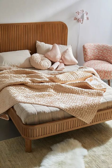 Boho Rattan Bed Frame, Straw Bed Frame, Queen Bed Frame And Headboard, Wood Slat Bed Frame, Mid Century Bed Frames, Unique Wood Bed Frame, Queen Bed Frame Aesthetic, Modern Boho Bed Frame, Mid Century Modern Bed Frames