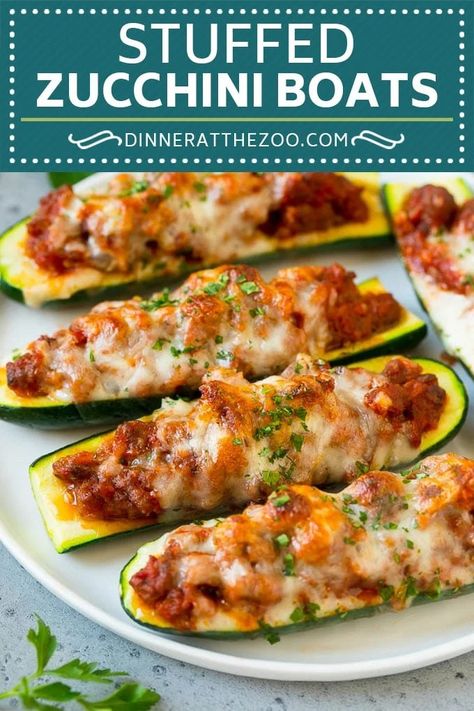 Stuffed Zucchini Boats Recipe | Baked Zucchini | Low Carb Zucchini #dinner #lowcarb #keto #zucchini #sausage #dinneratthezoo Zucchini Sausage, Zucchini Dinner, Zucchini Boats Recipe, Low Carb Dinner Easy, Pasta Sausage, Zucchini Boat Recipes, Stuffed Zucchini Boats, Keto Zucchini, Baked Zucchini