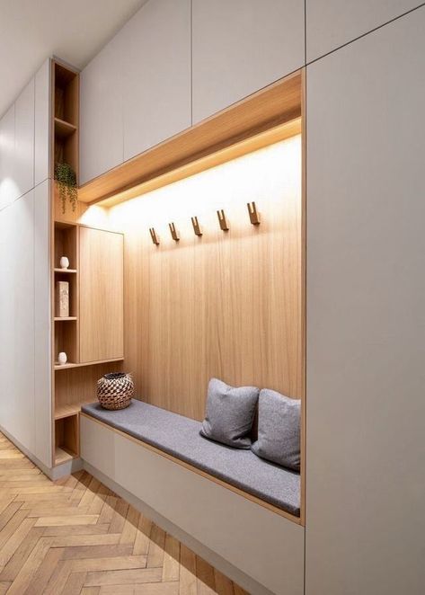 Storage With Seating, Hallway Seating, Vstupná Hala, Integrated Lighting, Entrance Furniture, Apartment Studio, Home Hall Design, Kitchen Seating, Canvas Diy