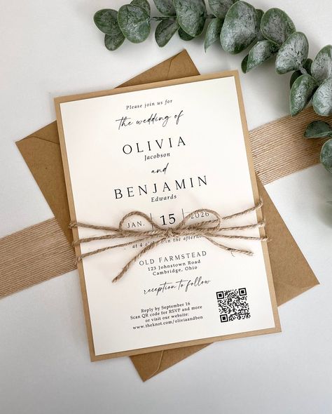 QR Codes for online rsvp's are the newest trend for invitations! Don't blow your budget on rsvp cards and return postage and your guests no longer have to worry about returning those rsvp cards. Our QR code invite line gives a fun, modern, and unique touch to your wedding or special event all on 1 single invite card! This lovely rustic wedding invitation is perfect for any wedding! Boho, rustic, farmhouse, and great for any season!  We'll create your QR code for you - just give us your wedding w Wedding Rsvp Invitations, Homemade Invitations Wedding, Outdoor Wedding Invites, Rsvp Qr Code Card, Cute Simple Wedding Invitations, Wedding Invitation Cards Western, Wedding Invitations Ideas Rustic, Self Made Wedding Invitations, Wedding Invitations All In One