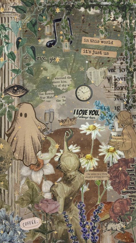 this was mid ;-; #vintage #paper #collages #vibes #flowers #plants #nature #wallpaper #lockscreen #brown #green #quotes Gremlincore Wallpaper, Indie Phone Wallpaper, Brown And Green Wallpaper, Hopecore Wallpaper, Vintage Wallpaper Lockscreen, Goblincore Wallpaper, Wall Pepper, Goblin Core Aesthetic, Moss Wallpaper