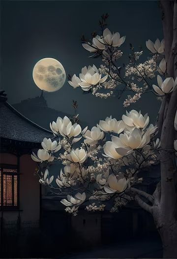 Moon And Trees Painting, Flowers In Moonlight, Moon Flower Tattoo, Tree With White Flowers, Moon People, Moon With Flowers, Full Moon Photos, Moon And Flowers, White Flowering Trees