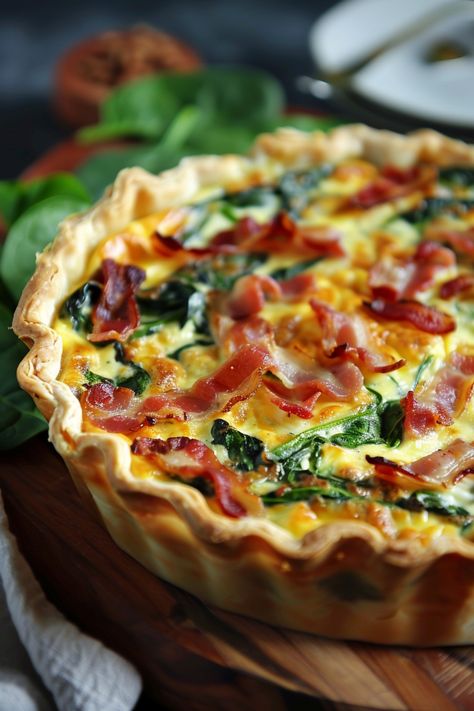 Discover the perfect brunch recipe with this delicious bacon spinach quiche. Packed with crispy bacon, flavorful spinach, and creamy cheese, this savory dish is sure to impress your family and friends. Follow our easy bacon spinach quiche recipe to create a homemade masterpiece that will become a new favorite in your kitchen. Enjoy the delightful combination of savory bacon and nutritious spinach baked into a golden crust – it's a meal that's both comforting and satisfying. Bacon Quiche Recipe, Bacon Spinach Quiche, Savory Brunch, Easy Breakfast Dishes, Bacon And Cheese Quiche, Spinach Quiche Recipes, Homemade Bacon, Breakfast Casserole Bacon, Gourmet Appetizers