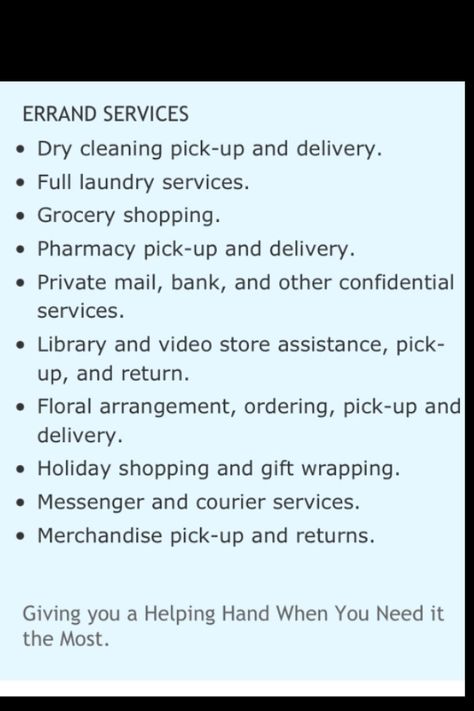 Services provided by Yves Errand Service! Errand Runner Business, Errand Running Business, Senior Concierge Services, Errand Service Business Ideas, Concierge Services Ideas, Personal Concierge Services, Laundry Service Business Ideas, Personal Shopper Business, Errand Business