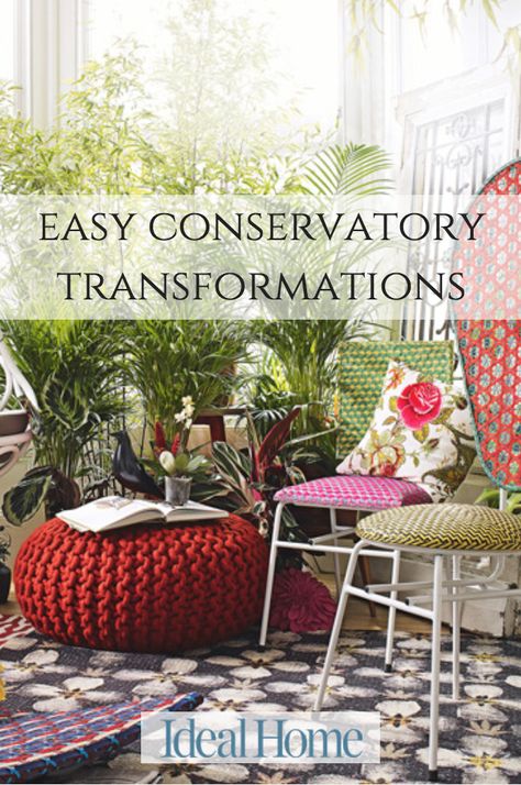 Want to update your conservatory? From wallpaper to furniture, be inspired by our easy garden room transformations...#conservatory #transformation #easy Conservatory Plants Uk, Boho Conservatory Decor, Colourful Conservatory Decor, Conservatory Decor Ideas Uk, Conservatory Decor Small Cosy, Cozy Conservatory Ideas, Conservatory Decor Cosy, Wallpaper Conservatory, Conservatory Window Dressing Ideas