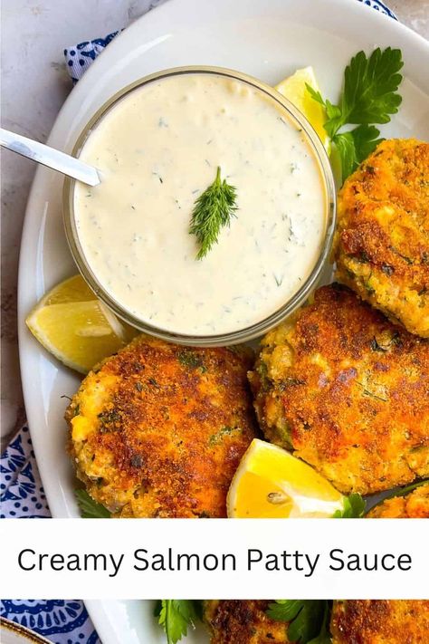 Creamy lemon dill salmon patty sauce is the perfect easy topping for your favorite salmon patty recipe! This sauce adds a tangy and refreshing touch to the salmon patties, making it a perfect combination. Drizzle it on top or serve it on the side for a tasty and satisfying meal. Pin this one to your favorite recipe board today! Salmon Patties With Sauce, Salmon Patties Sauce Recipes, Dip For Salmon Patties, Sauce For Salmon Patties Easy, Salmon Patties Sauce, Salmon Patty Recipes, Salmon Patty Sauce Simple, Sauce For Salmon Easy, Salmon Cake Sauce