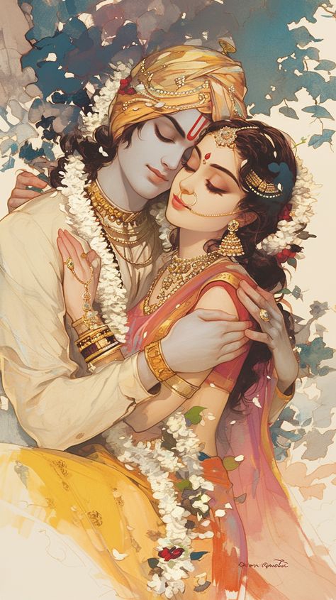 Celebrating Sita Navami, the birthday of Goddess Sita, the epitome of divine feminine power and beauty in Indian mythology. She embodies strength, dignity, and purity, an inspiring symbol of supreme virtue. Let's honor her steadfast spirit and grace. Divine Feminine Illustration, Indian Couple Drawing, Indian Mythology Art, Powerful Wallpapers, Indian Couple Art, Radha Krishna Wedding, Sita Navami, Hindu Goddess Art, Ram And Sita