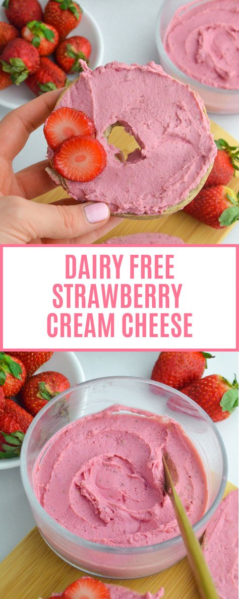 Dairy Free Bagel Toppings, Homemade Dairy Free Cream Cheese, Diy Strawberry Cream Cheese, Dairy Free Cream Cheese Substitute, How To Make Vegan Cream Cheese, Vegan Strawberry Cream Cheese, Keto Strawberry Cream Cheese, Dairy Free Dip Recipes, Non Dairy Cream Cheese