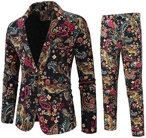 Mens 2 Piece Print Suit Floral Party Dress Jacket Slim 1 Button Blazer Pants at Amazon Men’s Clothing store Plus Size Mens Clothing, Men's Business Suits, Slim Blazer, Statement Outfit, Floral Party Dress, Party Suits, Plaid Suit, Single Button Blazer, Floral Party