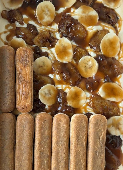 bananas foster tiramisu Banana Foster, Raw Banana, Pasture Raised Eggs, Caramelized Bananas, Dessert Bites, Bananas Foster, Birthday Desserts, Banana Slice, Dark Rum