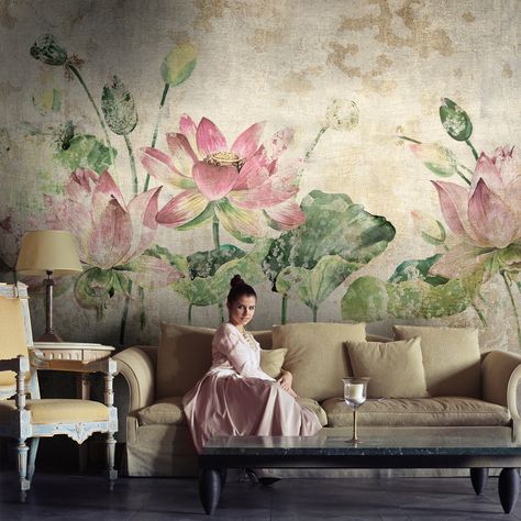 Lotus Wallpaper For Walls, Lotus Garden, Metallic Background, Muted Colour, Large Wall Murals, Dining Room Wallpaper, Mural Ideas, Muted Color Palette, Lotus Design