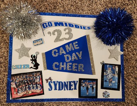 Senior Posters Cheerleading, Cheer Poster Board Ideas, Poster Ideas For Cheerleaders, Cheerleader Homecoming Poster, Cheer Board Ideas, Intrams Poster, Cheerleader Senior Night Posters, Senior Posters Cheer, Cheer Homecoming Poster Ideas