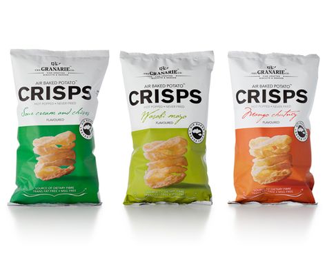 The Granarie Co. crisps package design - designed by brandtree.co.za Healthy Chips Packaging, Crisps Packaging Design, Cracker Packaging Design, Crackers Packaging Design, Crisps Packaging, Chips Branding, Crisp Packaging, Snack Packaging Design, Snacks Package