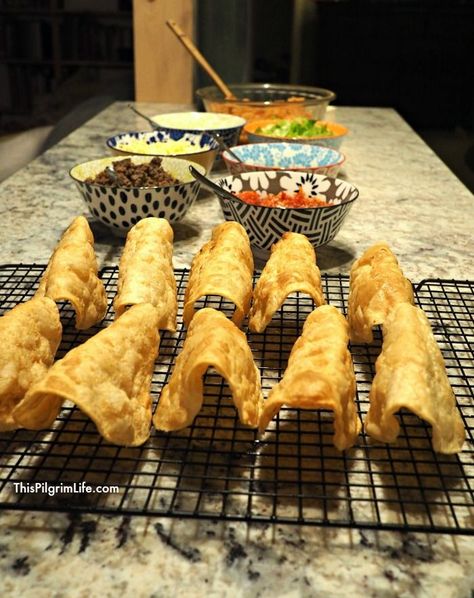 Frying taco shells at home is easy and home-fried taco shells are so good, you'll never go back to taco shells out of a box! Making a batch of Spanish-style rice to go with your tacos is simple and delicious too! #homemade #tacoshells #spanishrice #easy #recipe #mexican #tacos #thispilgrimlife Fry Taco Shells, Deep Fried Tacos, Homemade Taco Shells, Veggetti Recipes, Traditional Spanish Recipes, Fried Tacos, Homemade Greek Yogurt, Recipe Mexican, Crispy Tacos