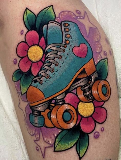 Rollerskate Tattoo, Roller Skate Tattoo, Roller Derby Tattoo, Bishop Tattoo, Skate Tattoo, Aztec Drawing, 90s Tattoos, Wheel Tattoo, Peace Tattoos