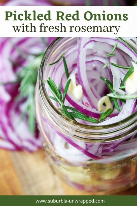 Looking for a quick and easy pickled onions recipe?  This is it!  Mild red onions, loads of garlic, and fresh rosemary are added to a lightly sweet vinegar and left to pickle in the refrigerator.  Pickled red onions are delicious on salads, tacos, and so many more recipes!  #pickledonions #onions #rosemary  #pickledonions #budgetfriendly #glutenfree #redonion  #pickled #onions #topping #healthy Pickled Red Onion Recipe, Pickled Vegetables Recipe, Pickled Red Onion, Red Onion Recipes, Quick Pickled Red Onions, Fermented Honey, Dried Chili Peppers, Canning Food, Spiced Apple Cider