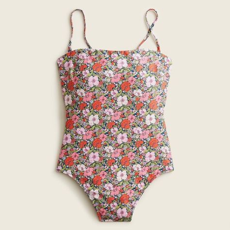 Bandeau One-Piece Swimsuit From J. Crew - Nwt Vibrant Pink, Coral Flowers On A Navy Background Full Coverage Low-Rise Leg High-Rise Back Straps Are Removable Swimsuit Is Lined And Padded Item Is Machine Washable 78% Recycled Nylon/22% Elastane. 92% Recycled Poly/8% Elastane Lining Crochet One Piece, Navy Gingham, Bandeau One Piece Swimsuit, Bandeau Swimsuit, Coral Flowers, Floral One Piece Swimsuit, Long Torso, Print Swimsuit, Jcrew Women