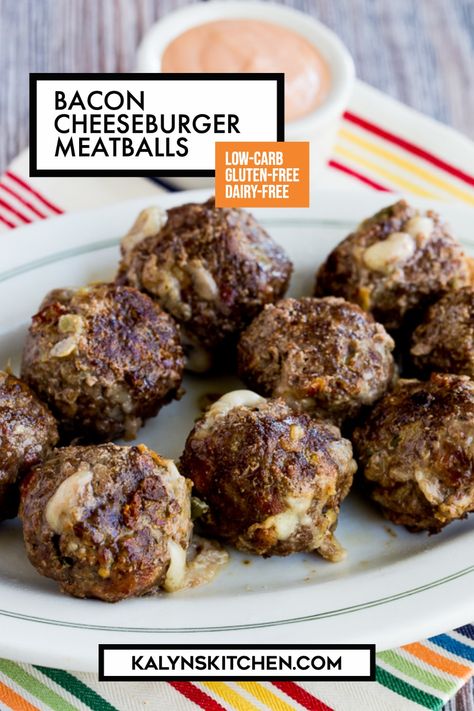 "Pinterest Image of Bacon Cheeseburger Meatballs showing meatballs on plate with small dish of dipping sauce on colorfully striped napkin." Bacon Cheeseburger Meatballs, Hashimotos Recipes, Cheeseburger Meatballs, Hamburger Ideas, Keto Burgers, Keto Bacon Cheeseburger, Keto Finger Foods, Keto Hamburger, Grilled Bacon