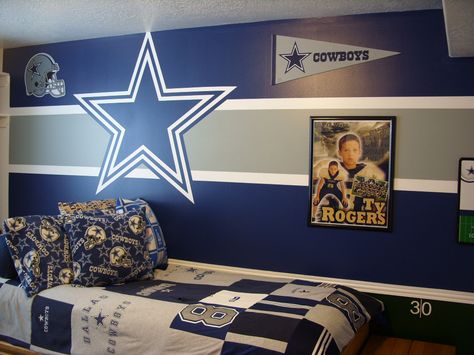 Kids Bedrooms Dallas Cowboys Room Decor, Dallas Cowboys Bedroom, Dallas Cowboys Room, Dallas Cowboys Theme, Cowboy Bedroom, Sports Room Boys, Cowboy Room, Boy Room Paint, Kids Bedroom Organization