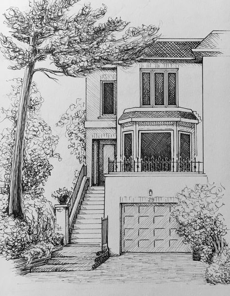 Row House Sketch, Architect Drawing House, Ink House Drawing, House Drawings Sketches, Architectural House Drawing, Pen Art Landscape, House Pen Drawing, Pencil House Drawing, Architecture Drawing House