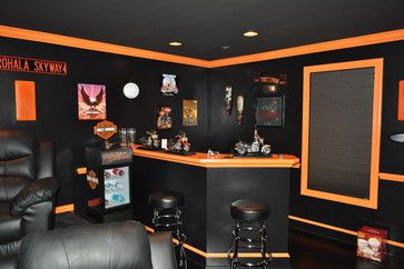 harley davidson toilet paper holders | Harley Davidson Themed Theater contemporary family room Harley Davidson Basement Ideas, Harley Davidson Interior Design, Harley Davidson Bar Ideas, Harley Davidson Room Ideas, Harley Davidson Man Cave Ideas, Harley Man Cave, Harley Davidson Garage Ideas, Motorcycle Man Cave, Harley Davidson Man Cave