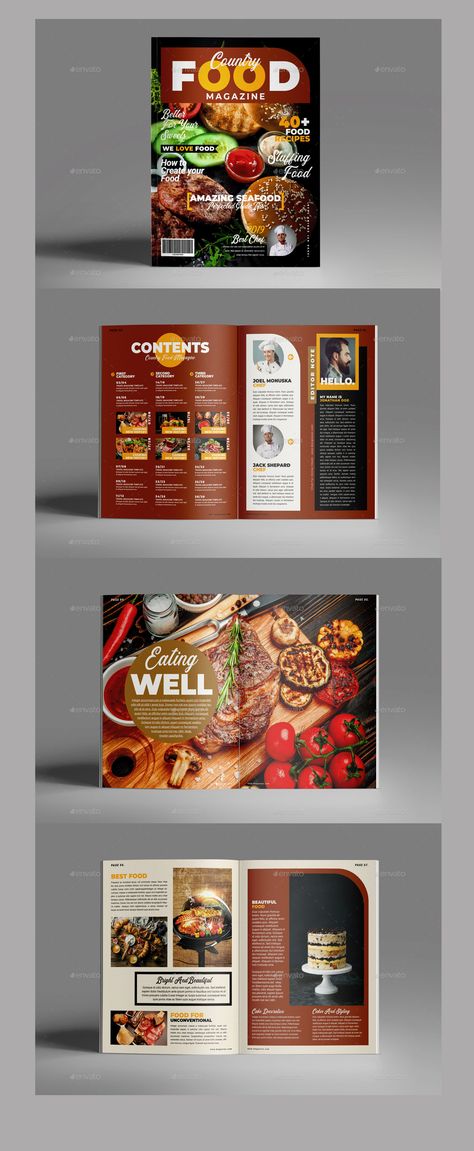 Food Magazine Template Features: 2 sizes: A4 & US letter 40 Custom Pages InDesign Template CMYK Color Mode Compatible With InDesign CS4 and Higher Version File Included InDesign INDD & IDML Help Guide Included Preview images not included. Download free fonts used : Eusthalia Clean Montserrat #Food #Magazine #Template #Design #graphics Food Magazine Design Layouts, Magazine Food Layout, Magazine Food Design, Magazine Layout Design Food, Indesign Magazine Template Layout Design, Food Magazine Layout Design Creative, Food Catalog Design Layout, Food Layout Design, Magazine Ideas Design