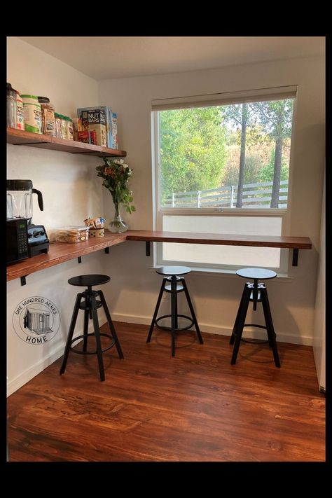 How to install window bar seating with wrap around floating counter for a great new morning coffee spot. Better use of a small space too. Window Counter Seating, Window Bar Seating, Bar Seating Area, Small Window Seat, Diy Breakfast Bar, Bar Table Diy, Small Breakfast Bar, Window Counter, Small Kitchen Bar