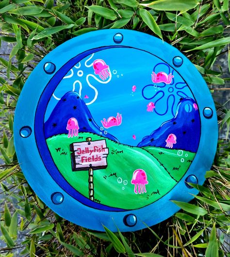 Circle Window Painting, Round Paintings Canvases, Spongebob Window Painting Tutorial, Circle Canvas Painting Spongebob, Spongebob Window, Spongebob Window Painting, Circle Canvas Painting, Round Canvas Painting, Spongebob Window Painting On Wall