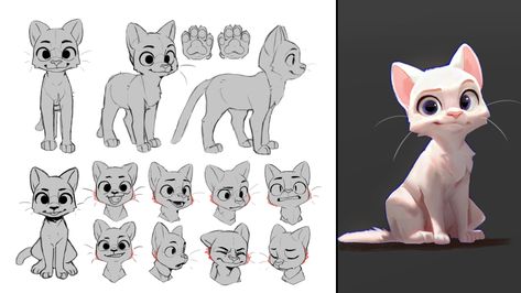 Cat Turnaround Sheet, Animal Expression Sheet, Cartoon Animals Sketches, Cat Concept Art Character Design, Cat Character Drawing, Kitten Character Design, Expression Sheet Character, Cat Turnaround, Kitty Cartoon Drawing